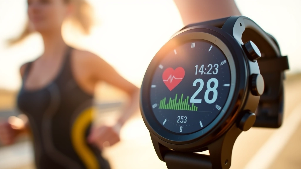Close-up of smartwatch displaying heart rate and activity data with blurred background of person exercising outdoors, sunny day, active lifestyle moment