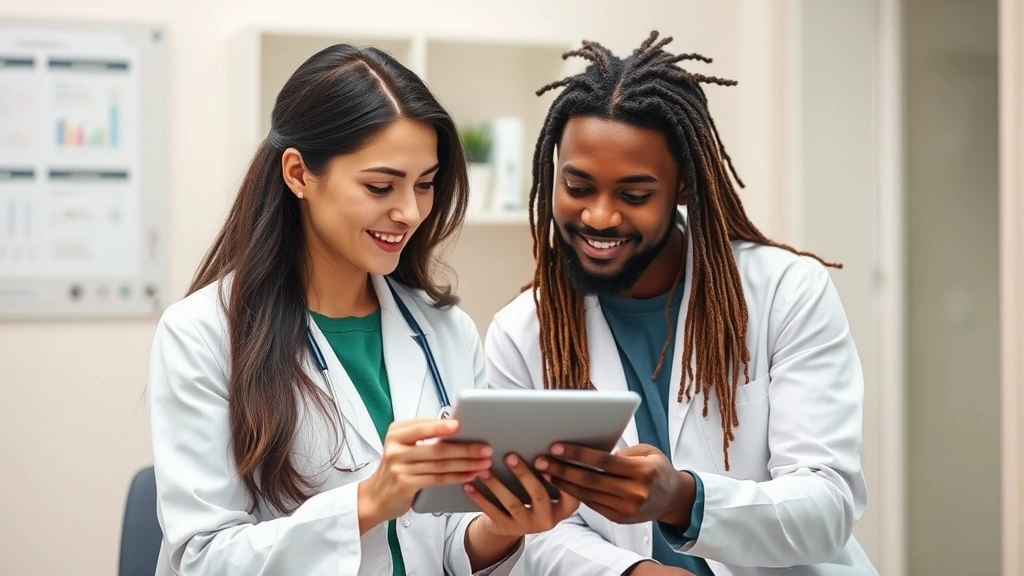 Female healthcare professional in white coat discussing app features with diverse patient in clinical setting, tablet displaying health information, warm professional atmosphere