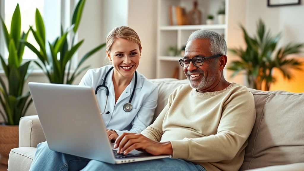 Healthcare provider and patient having telehealth video call on laptop, comfortable home setting with plants, warm lighting, both smiling at screen