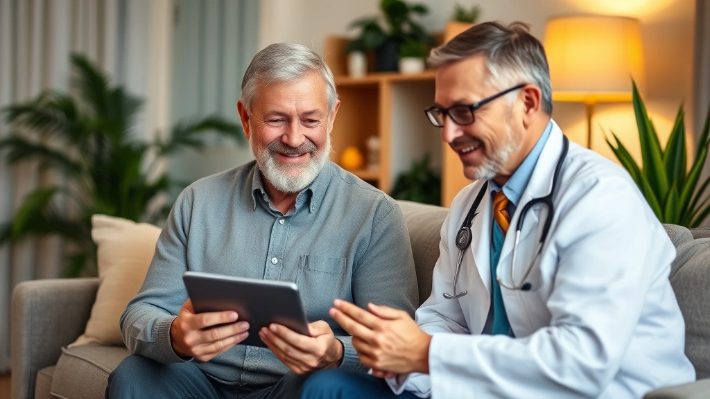 Middle-aged man at home on tablet video conferencing with doctor, comfortable living room background with plants, warm lighting, both people smiling, modern telemedicine consultation, comfortable home healthcare setting, trust and professional interaction visible