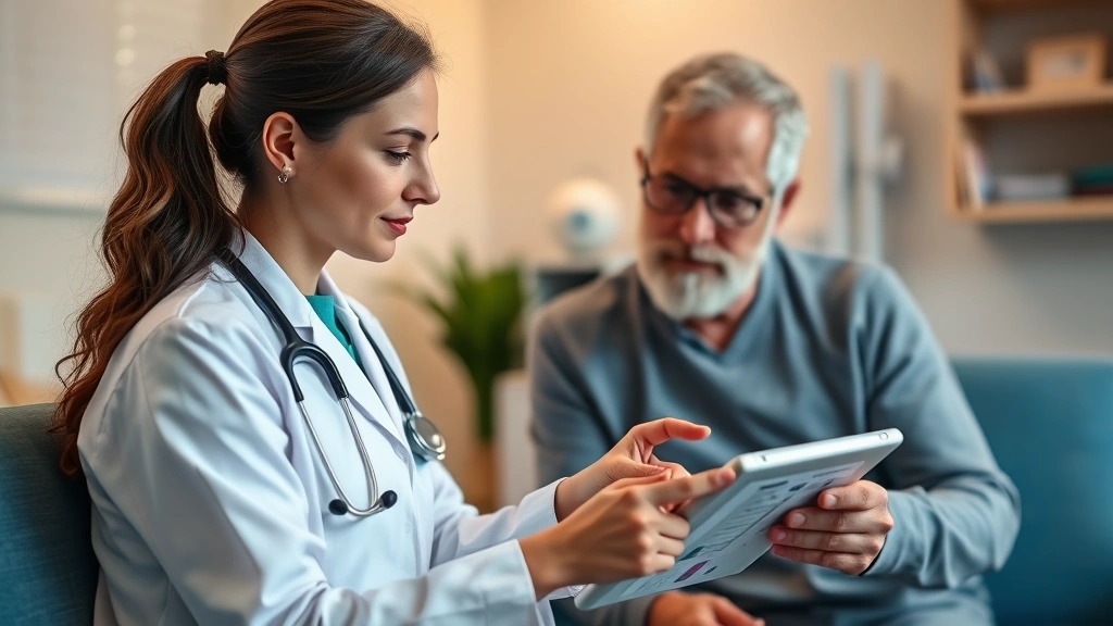 Healthcare provider and patient reviewing health charts on tablet during appointment, professional medical office setting, collaborative care moment, warm lighting