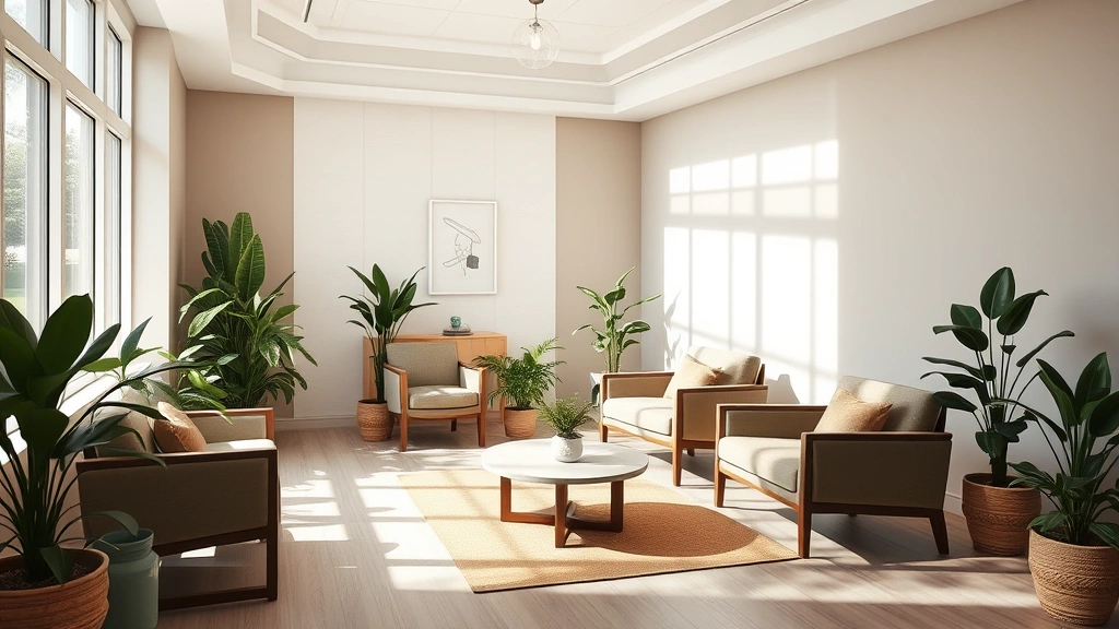 Serene wellness clinic reception area with natural light, comfortable seating, calming earth tones, indoor plants, welcoming atmosphere for patient comfort and healing environment