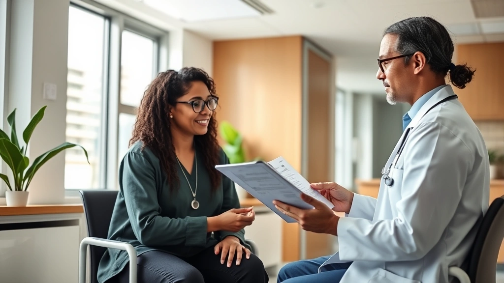 Professional medical consultation room with diverse patient and doctor reviewing health chart, bright natural lighting, modern healthcare facility, warm welcoming atmosphere, realistic clinical setting