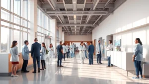 Modern medical facility with welcoming reception area, natural lighting streaming through large windows, diverse patients and healthcare professionals in professional attire, clean contemporary interior design with calming neutral tones and comfortable seating