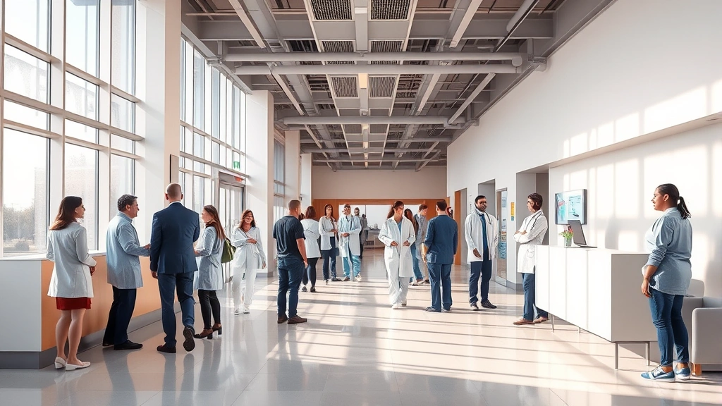 Modern medical facility with welcoming reception area, natural lighting streaming through large windows, diverse patients and healthcare professionals in professional attire, clean contemporary interior design with calming neutral tones and comfortable seating