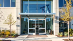 Modern medical facility entrance with glass doors, natural lighting, welcoming architectural design, well-maintained landscaping, peaceful healthcare environment, professional yet warm ambiance, daytime photography