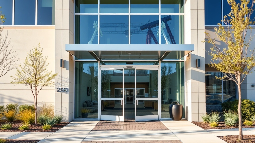 Modern medical facility entrance with glass doors, natural lighting, welcoming architectural design, well-maintained landscaping, peaceful healthcare environment, professional yet warm ambiance, daytime photography
