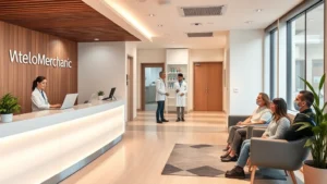 Modern medical clinic interior with welcoming reception desk, comfortable seating, warm lighting, diverse patients checking in, professional healthcare staff smiling, clean contemporary design, peaceful healing environment