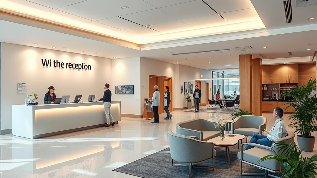 Modern hospital lobby with welcoming reception desk, warm lighting, comfortable seating areas, diverse staff members assisting patients, clean contemporary design, natural elements, peaceful atmosphere