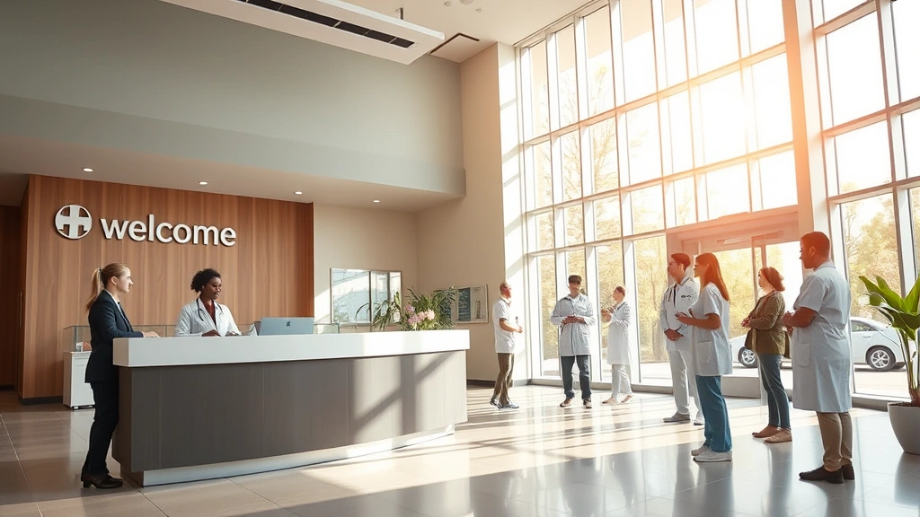 Modern medical facility lobby with welcoming reception desk, natural lighting streaming through windows, diverse healthcare staff greeting patients, contemporary architectural design, calm and professional atmosphere