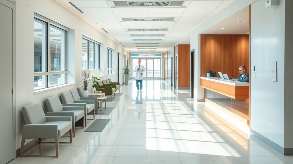 Modern hospital corridor with warm lighting, clean contemporary design, welcoming reception area with comfortable seating and natural light, professional medical staff in background