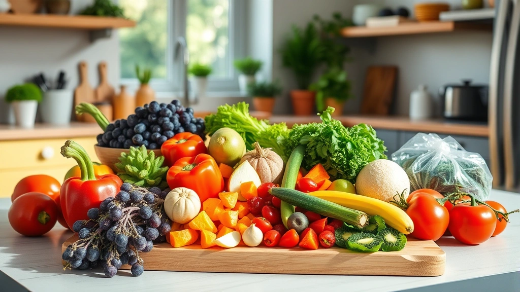 Colorful fresh vegetables and fruits arranged on wooden cutting board, meal prep scene in modern kitchen, healthy whole foods display, natural sunlight streaming through windows, vibrant lifestyle photography
