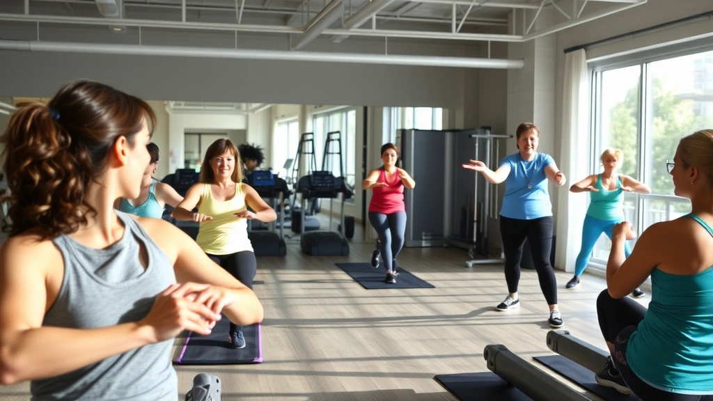 Wellness program in action showing diverse group exercising in bright fitness studio, participants of various ages and abilities on exercise equipment, caring instructor demonstrating movements, motivational atmosphere with natural light and modern fitness setup
