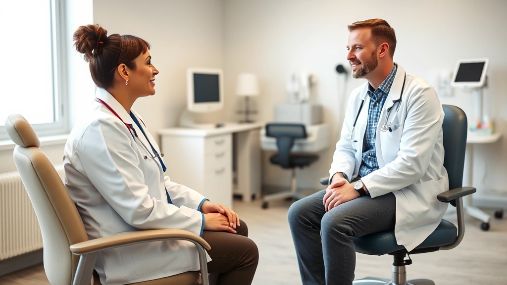 Healthcare professional in white coat consulting with patient in modern clinical examination room, comfortable seating, medical equipment visible, compassionate interaction, bright natural lighting, contemporary medical facility interior