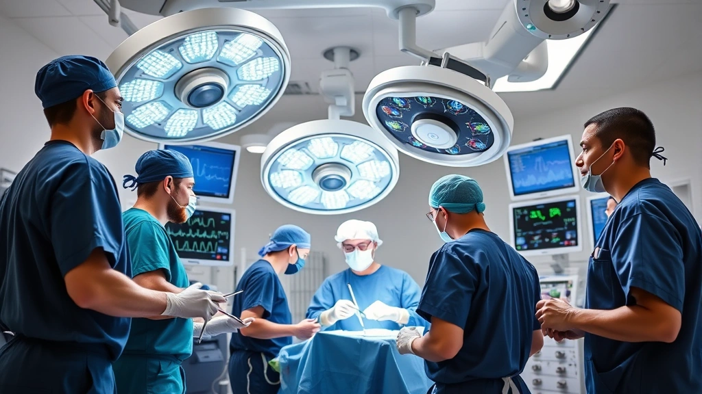 Advanced medical technology in operating room, surgical team in scrubs with instruments, bright overhead lights, sterile environment, monitors displaying vital signs, professional focused medical professionals