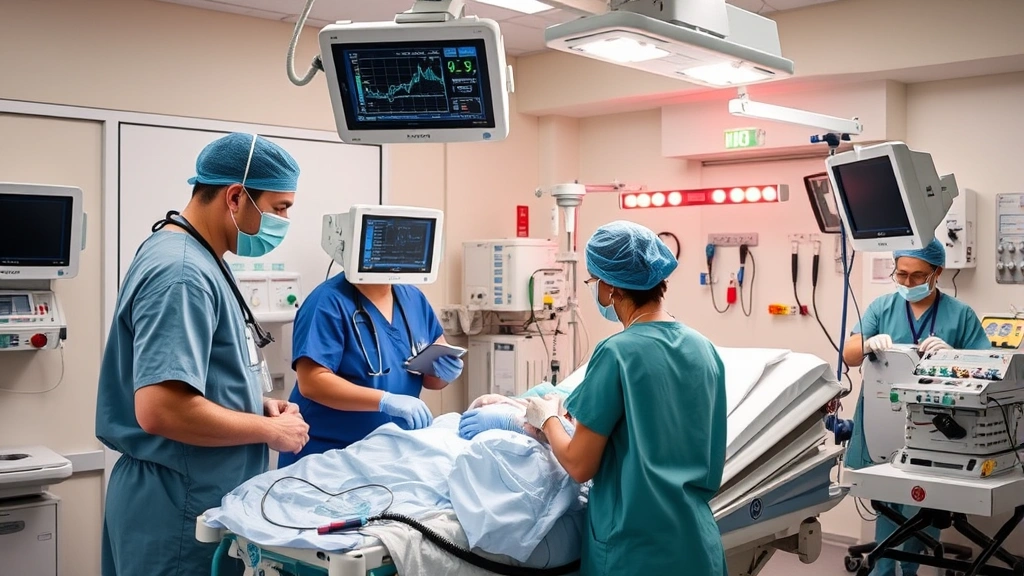 Emergency department medical team in action, healthcare professionals collaborating during patient care, advanced monitoring equipment visible, urgent medical response scene, professional clinical environment