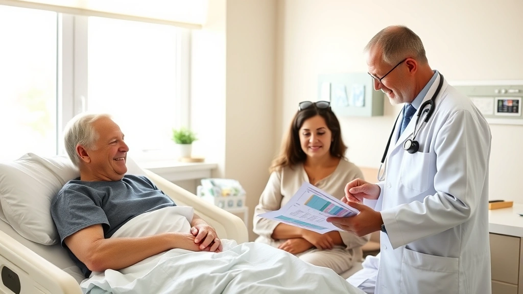 Patient in comfortable hospital room with family member, smiling healthcare provider in white coat reviewing chart, bright windows showing daylight, calming neutral decor