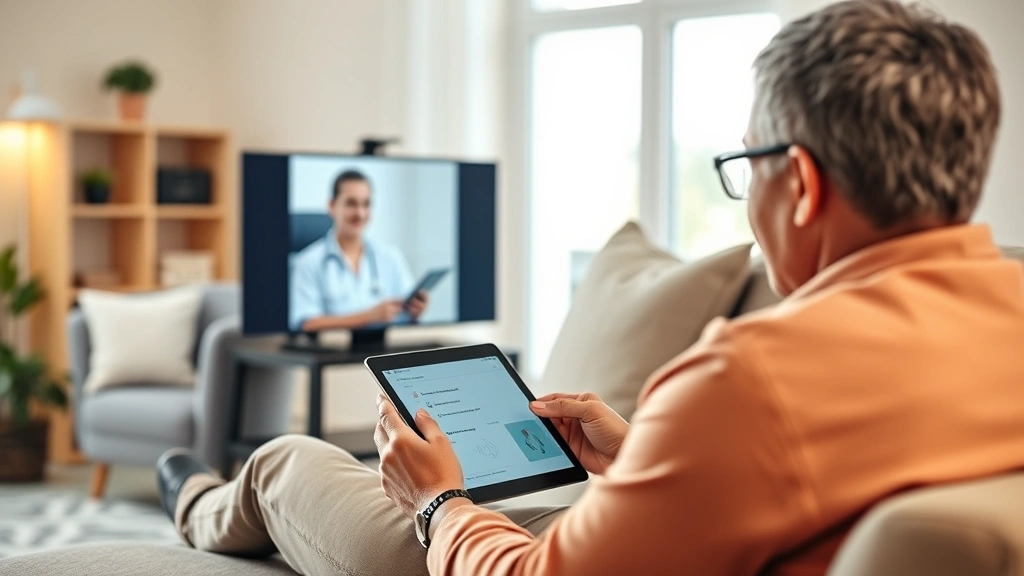 Telemedicine consultation scene with patient using tablet or laptop in comfortable home setting, healthcare provider visible on screen, warm home environment with natural lighting, modern technology integration showing healthcare accessibility and convenience