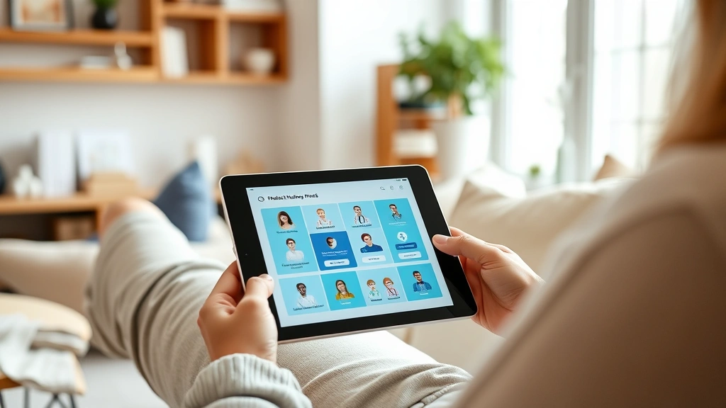 Patient portal or healthcare app displayed on tablet in comfortable home setting, digital health technology, wellness tracking interface, modern telehealth setup, natural home lighting, lifestyle wellness context