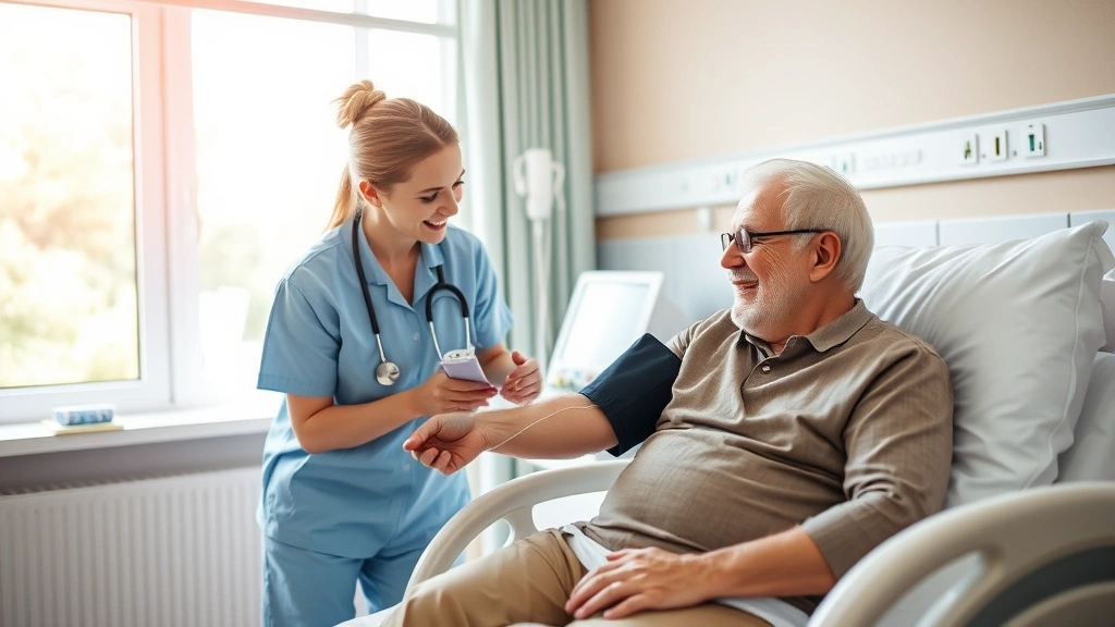 Compassionate nurse checking blood pressure of elderly patient in comfortable hospital room, warm interaction, natural window light, modern medical equipment, comfortable bedding, patient smiling