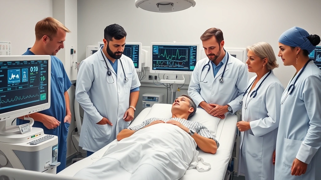 Diverse medical team collaborating around patient bedside, monitors displaying vital signs, modern medical equipment, focused professional expressions, collaborative healthcare environment