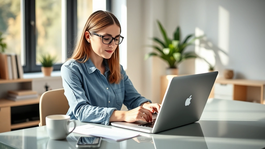 Young professional woman reviewing health insurance documents on laptop at modern home office desk with coffee, natural window lighting, focused expression, organized workspace