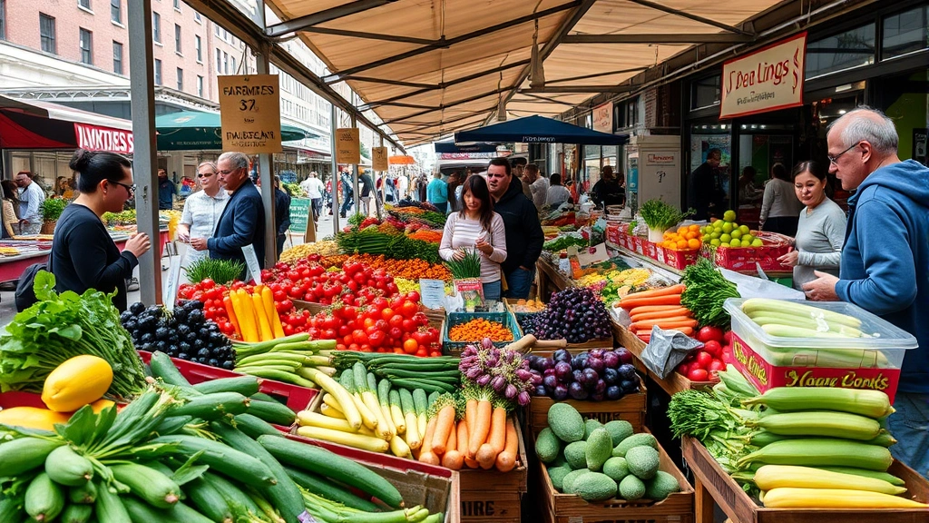 Vibrant farmers market scene in New York with fresh produce, colorful vegetables, and people shopping, natural daylight, urban setting, lifestyle photography