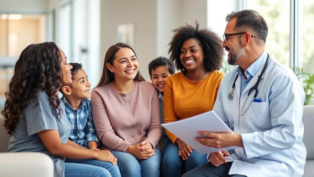 Diverse family of four having friendly conversation with healthcare provider in bright clinic waiting room, smiling faces, welcoming environment, trust and comfort evident
