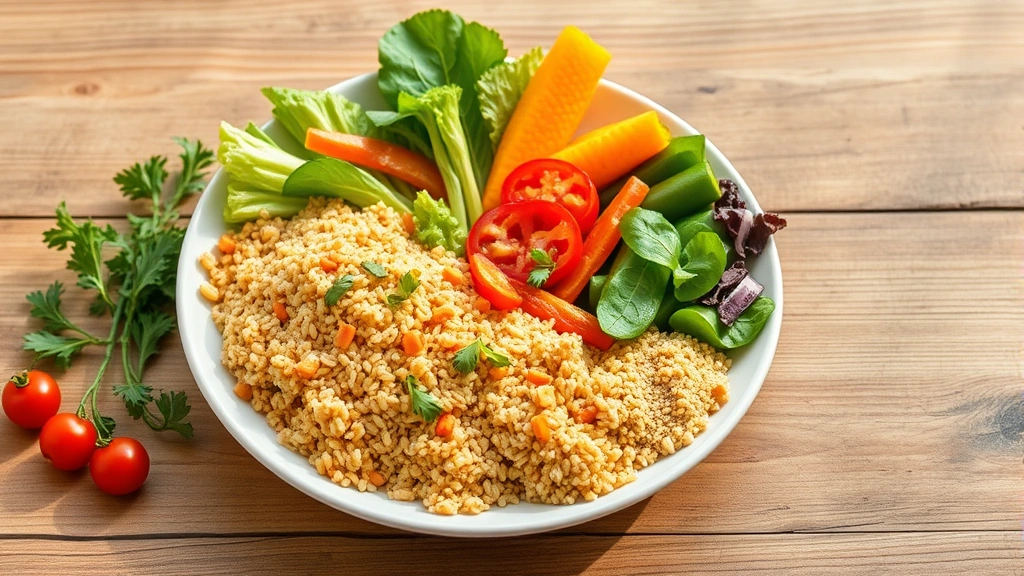 Healthy colorful meal on wooden table with fresh vegetables, whole grains, lean protein, natural lighting, flat lay composition, vibrant and nutritious food presentation, wellness nutrition concept