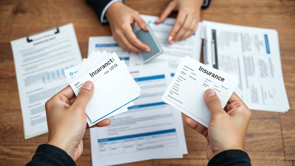 Close-up of hands holding health insurance cards and documents, organized files spread on wooden table, neutral background, professional lifestyle photography