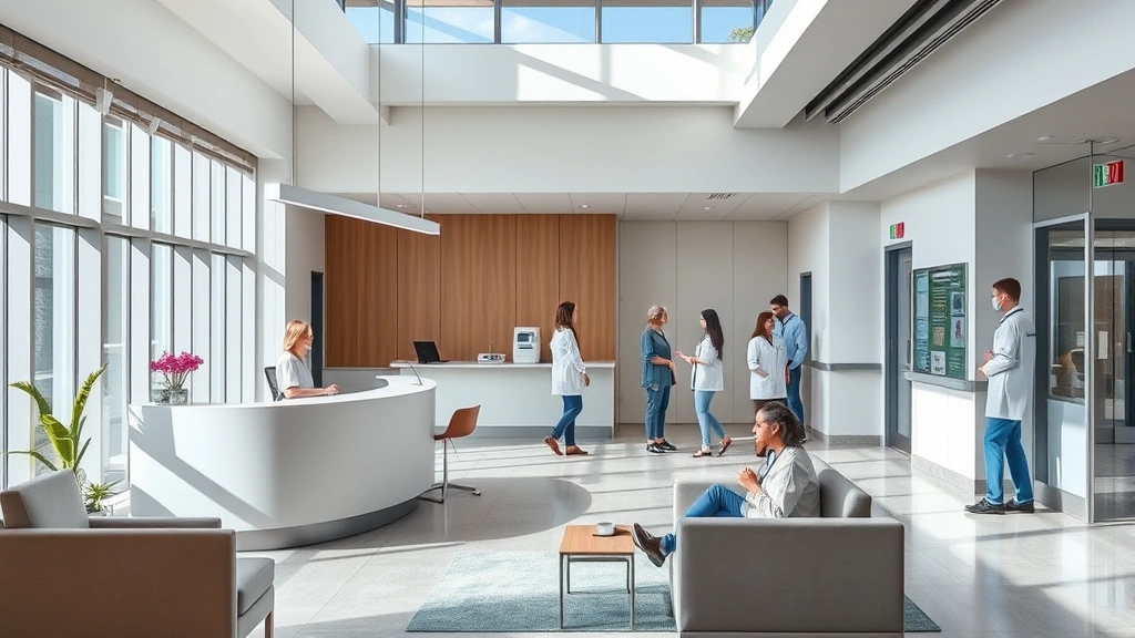 Modern medical facility lobby with welcoming reception desk, natural lighting, comfortable seating, diverse staff greeting patients, contemporary healthcare environment