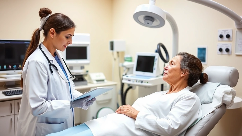 Healthcare professionals in clinical setting: doctor examining patient, nurse assisting, modern medical equipment visible, warm professional atmosphere, patient-centered care moment