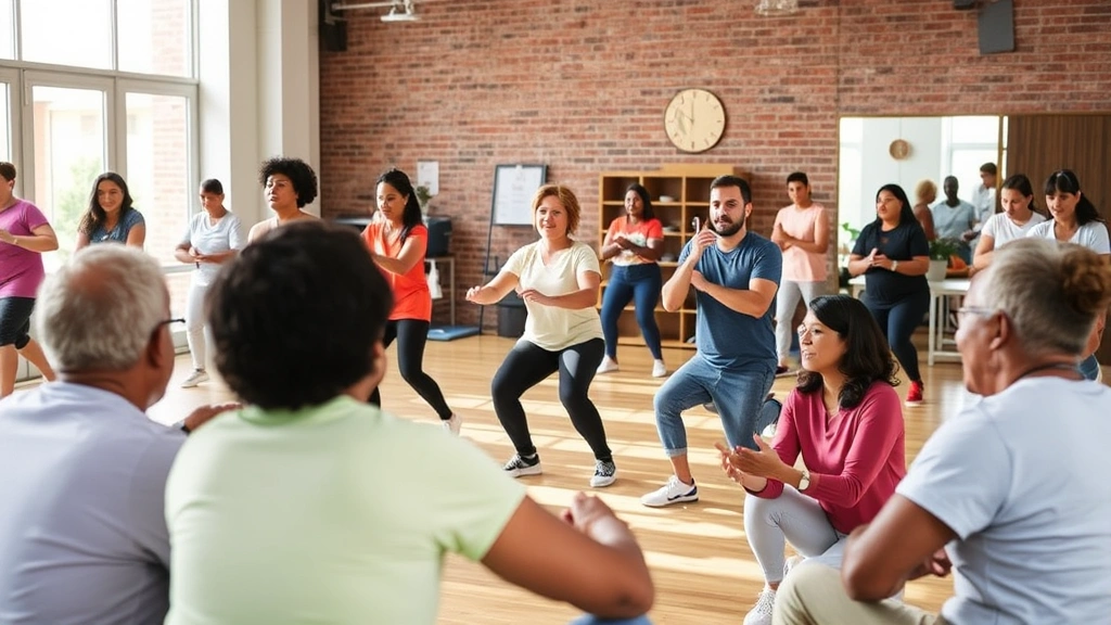 Active community wellness scene: diverse people exercising in fitness class, health education seminar, nutrition counseling session, preventative health promotion activities