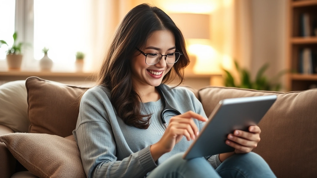 Woman smiling while using tablet in comfortable home setting, checking medical records and health information on bright screen, warm natural lighting