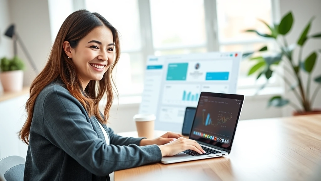 Woman smiling while using laptop showing healthcare portal dashboard, modern home office setting, natural light, wellness focused aesthetic
