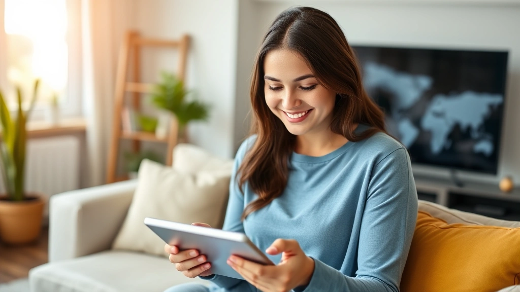 Young professional woman smiling while using tablet at home, healthcare app interface visible on screen, modern living room background, natural lighting, wellness atmosphere