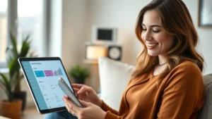 Young professional woman smiling while using tablet at home, reviewing medical records on health portal dashboard with calm, modern interior background