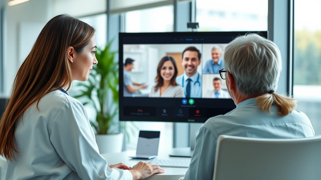 Healthcare professional and patient in modern clinic having video consultation on computer monitor, professional yet warm environment, natural daylight
