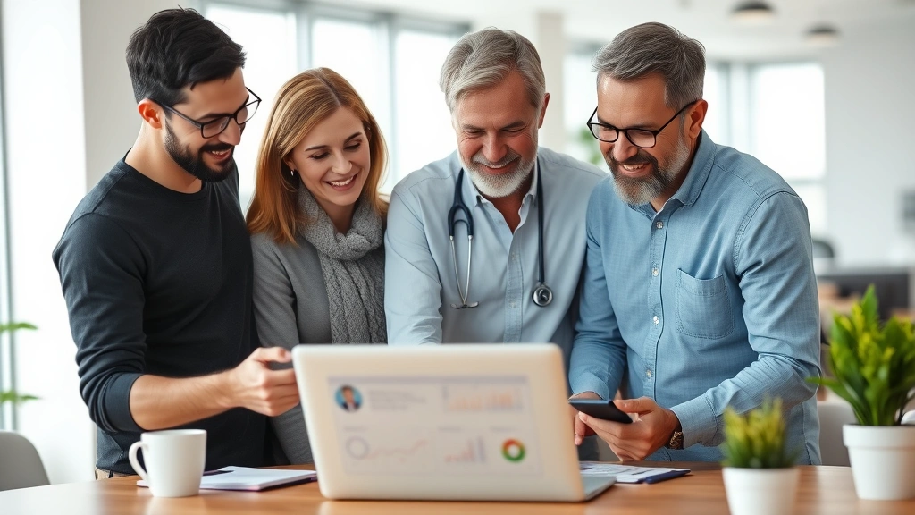 Diverse group of people of different ages looking at smartphone and laptop showing health portal dashboard, bright office setting, collaborative healthcare moment