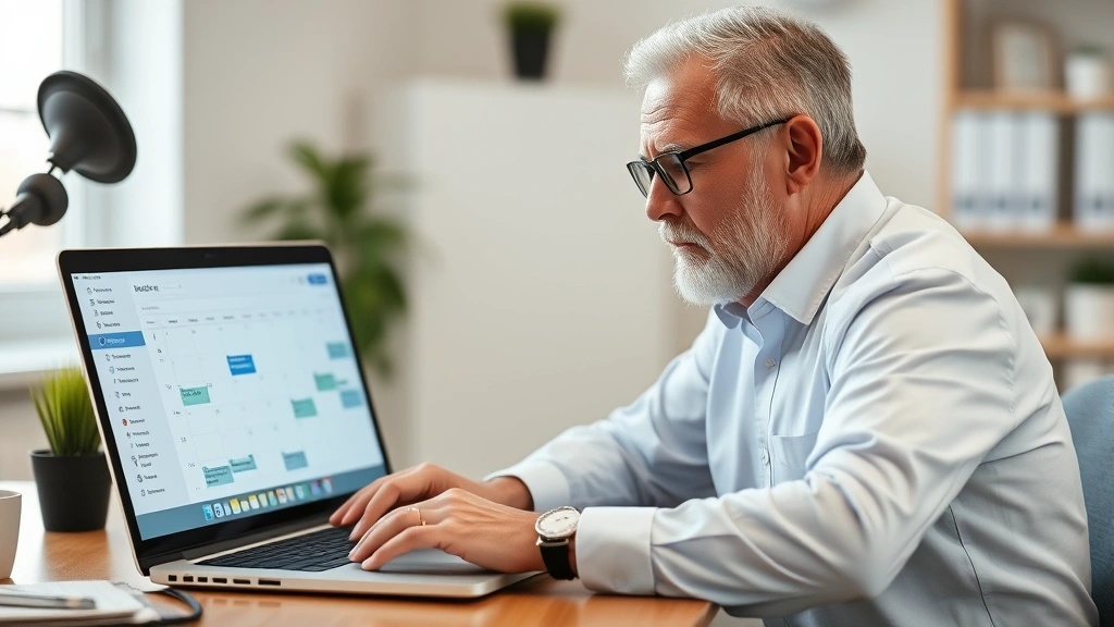 Middle-aged man sitting at desk with laptop, scheduling medical appointment through digital health portal interface with organized calendar visible