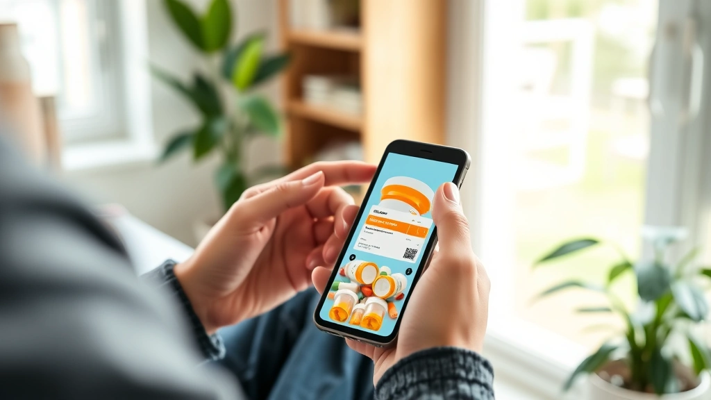 Person checking prescription medications at home with smartphone, organized pill bottles visible, wellness-focused lifestyle setting with plants and natural light