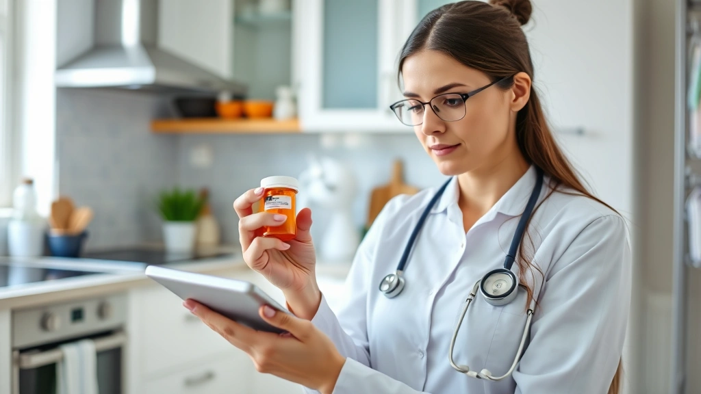 Patient reviewing prescription bottle while checking portal on tablet, bright kitchen background, organized health management scene