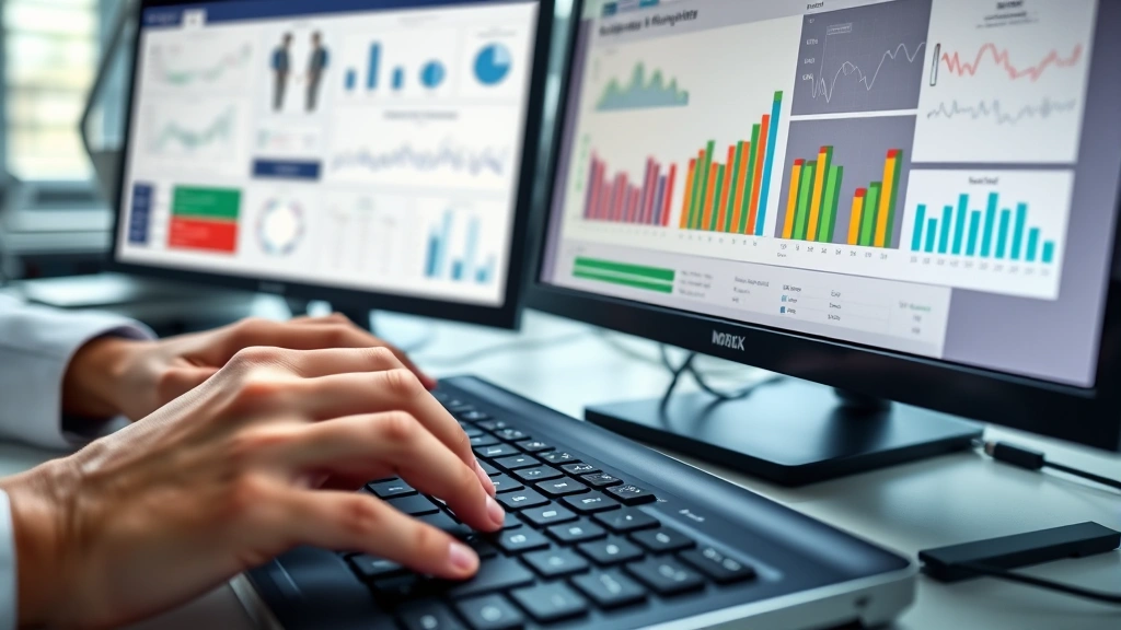 Close-up of hands typing on keyboard with medical records and health charts on dual monitors, modern healthcare workspace, professional clinical environment