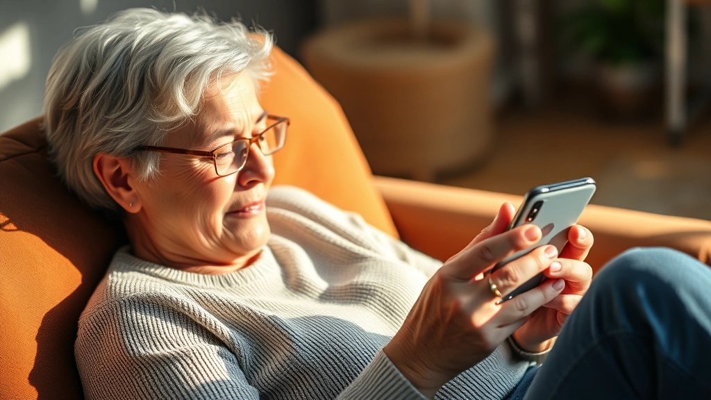 Senior woman relaxing with smartphone, checking wellness tracking data and health metrics on mobile health portal app with warm natural lighting