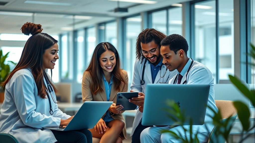 Professional diverse team in modern healthcare office collaborating around digital health technology, natural lighting, contemporary workspace with wellness focus, candid interaction