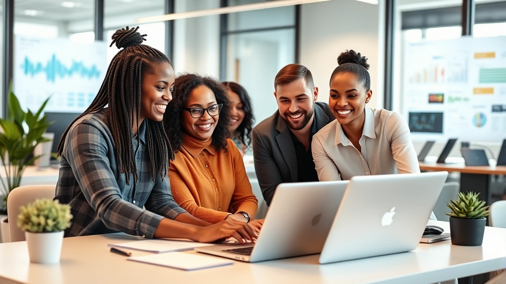 Professional diverse team collaborating in modern bright office, laptops and health data visualizations on screens, warm natural lighting, genuine smiles and engagement