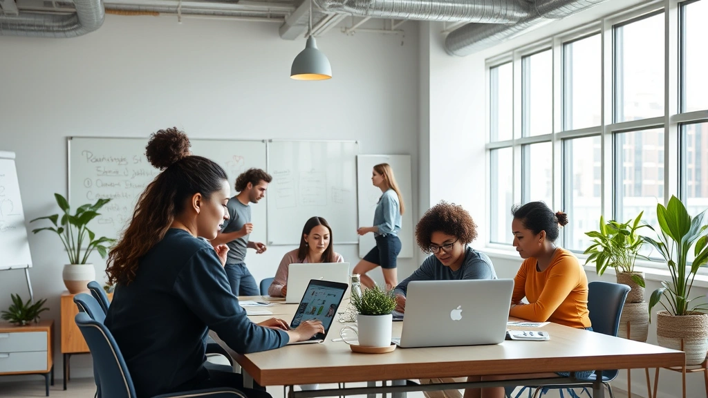 Modern diverse tech professionals collaborating in bright San Francisco office space, working on laptops and whiteboards, health-focused atmosphere with wellness elements visible