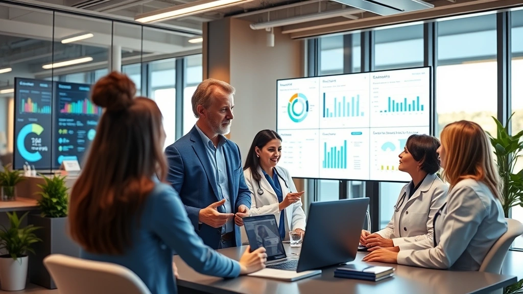 Professional healthcare team collaborating in modern office space with digital screens showing health data dashboards, warm lighting, diverse professionals engaged in discussion