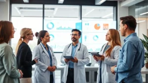Professional healthcare team collaborating in modern office with digital health technology displays, diverse employees reviewing patient data dashboards on large screens, bright natural lighting, contemporary workspace design
