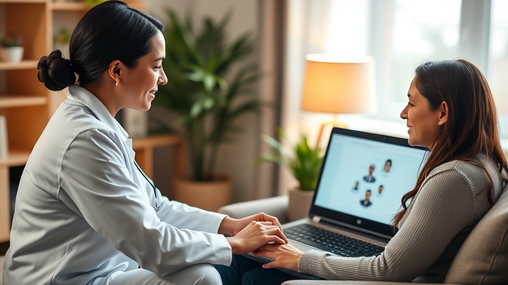 Health coach conducting virtual wellness session with patient on laptop, home office setting, warm lighting, compassionate professional interaction, digital health platform visible